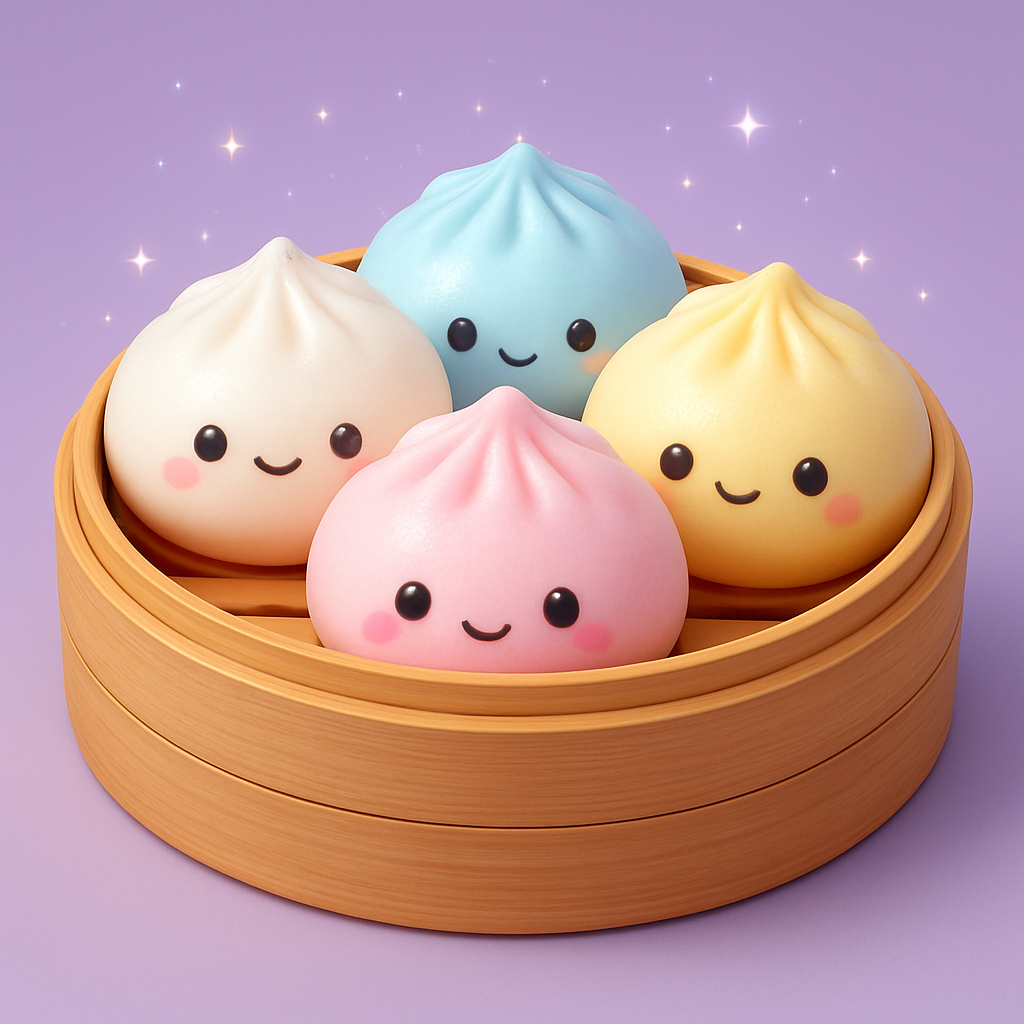 Squishies de dumpling misteriosos en una cesta de bambú